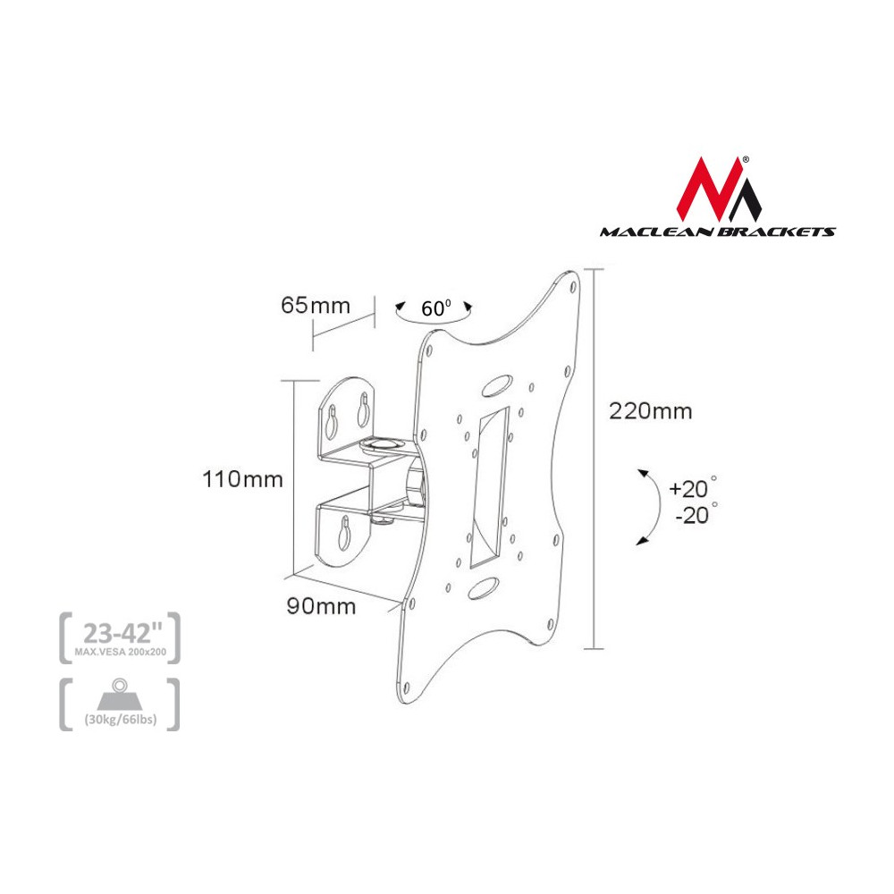 Uchwyt ścienny do telewizora Maclean MC-501B (Obrotowy, ścienne, Uchylny - 42"; max. 30kg)