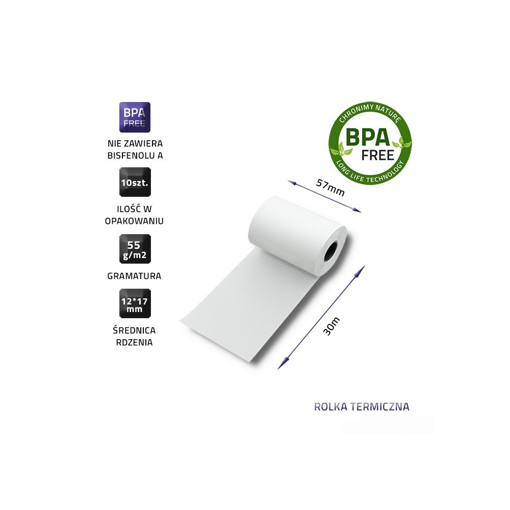 QOLTEC ROLKA TERMICZNA 57X30 | 55G/M2 | 10SZT | BPA FREE