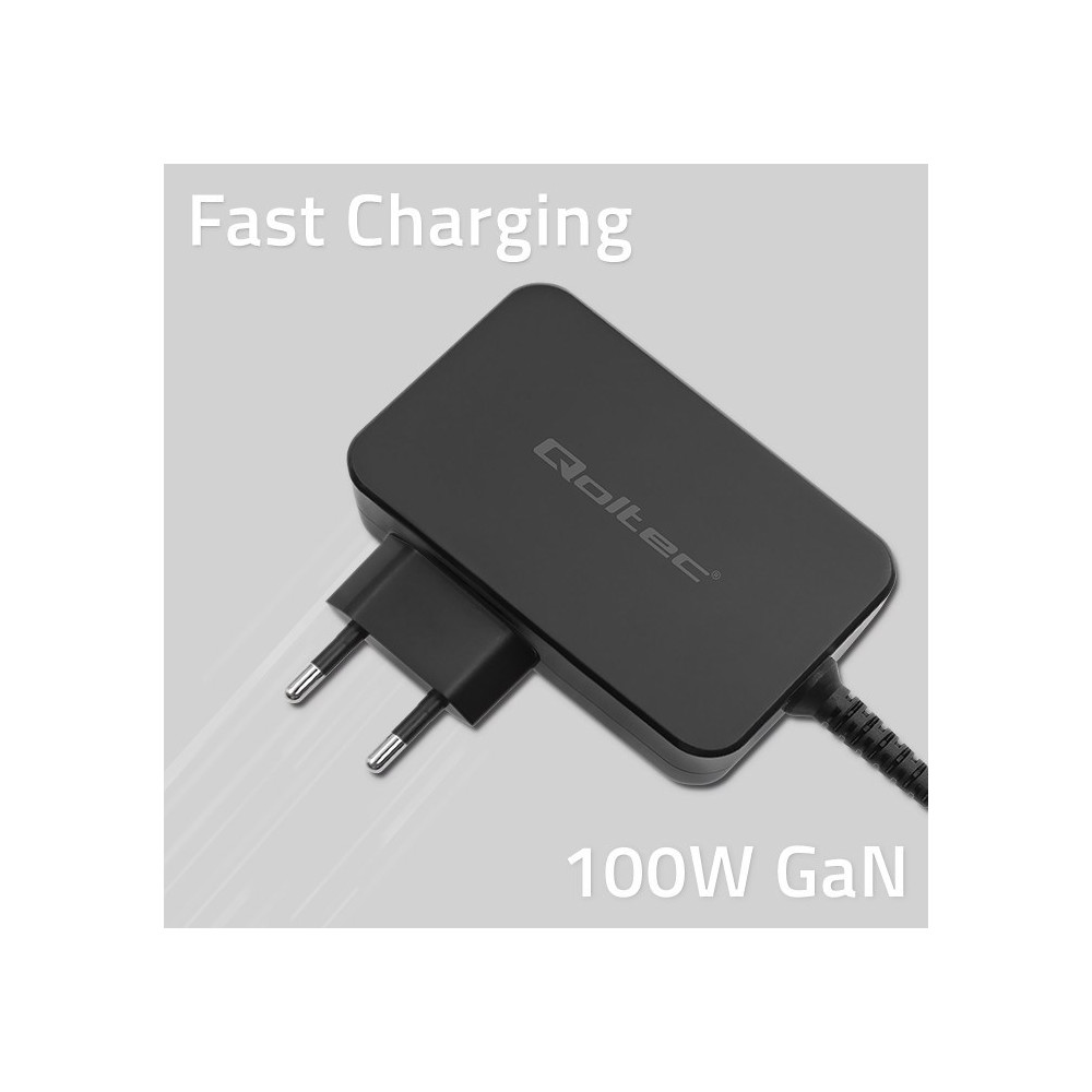 QOLTEC ŁADOWARKA GAN POWER PRO | 1XUSB-C | 100W | 5-20V | 3-5A | CZARNA