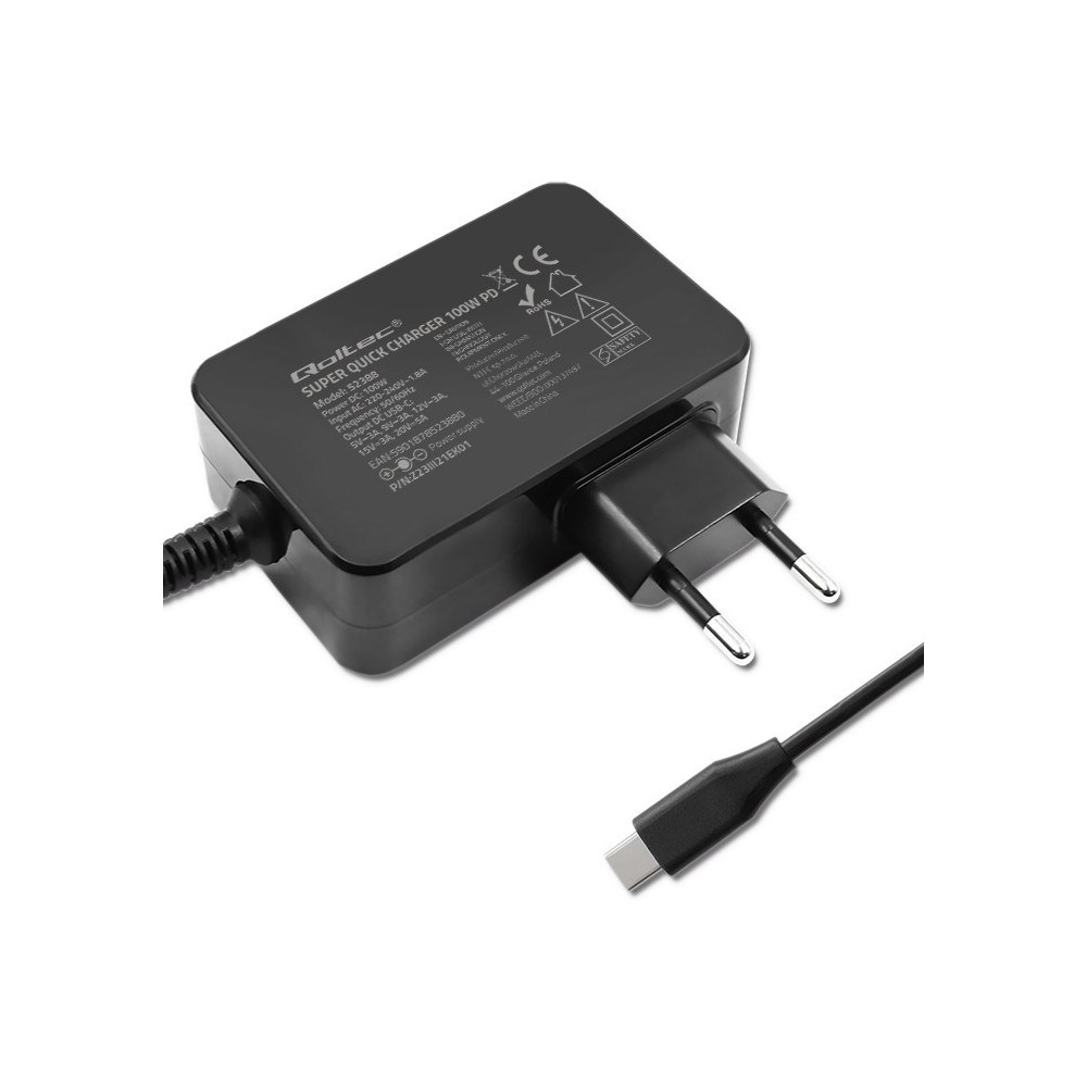 QOLTEC ŁADOWARKA GAN POWER PRO | 1XUSB-C | 100W | 5-20V | 3-5A | CZARNA